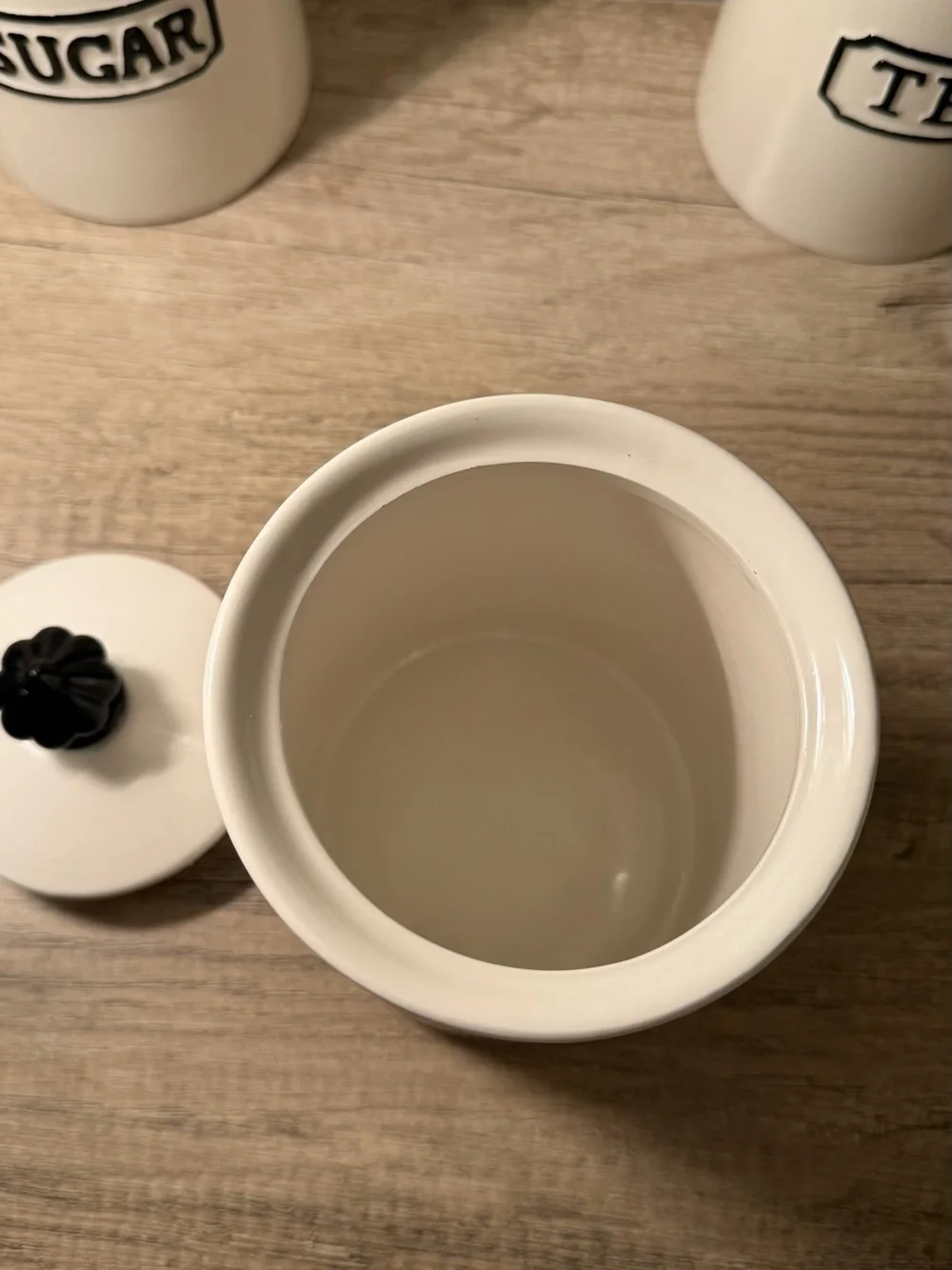 Ceramic Canister Set - sugar, coffee, tea. Cream with Black Accents